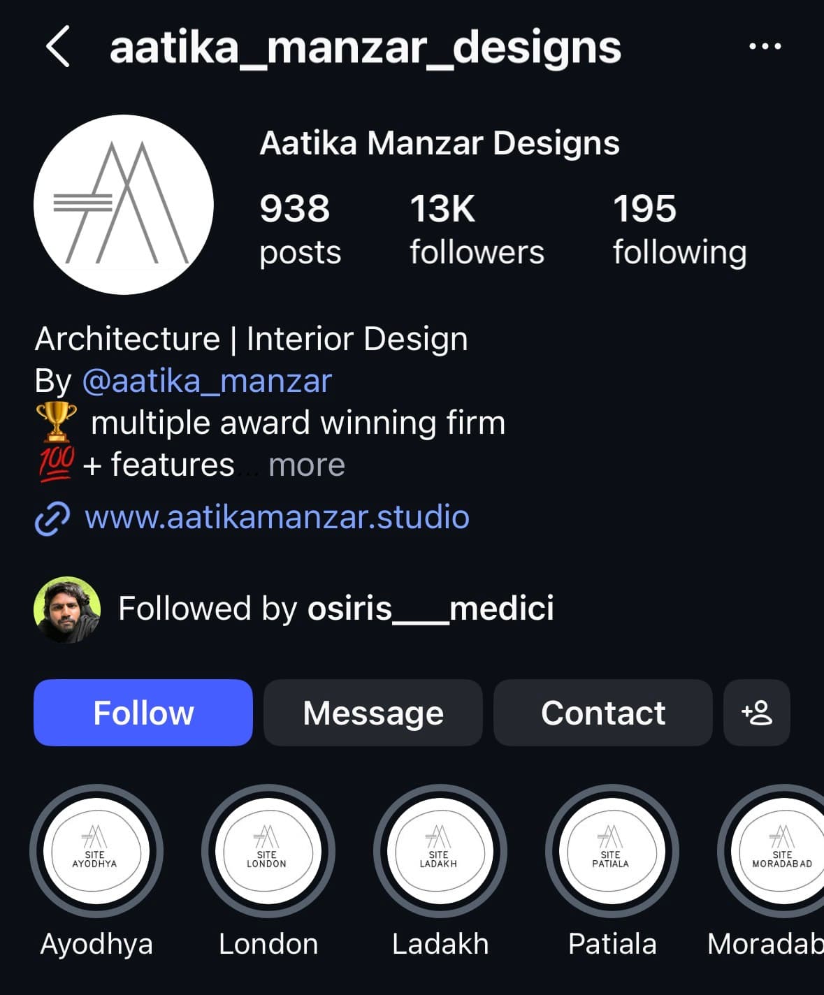 Instagram profile for Aatika Manzar Designs