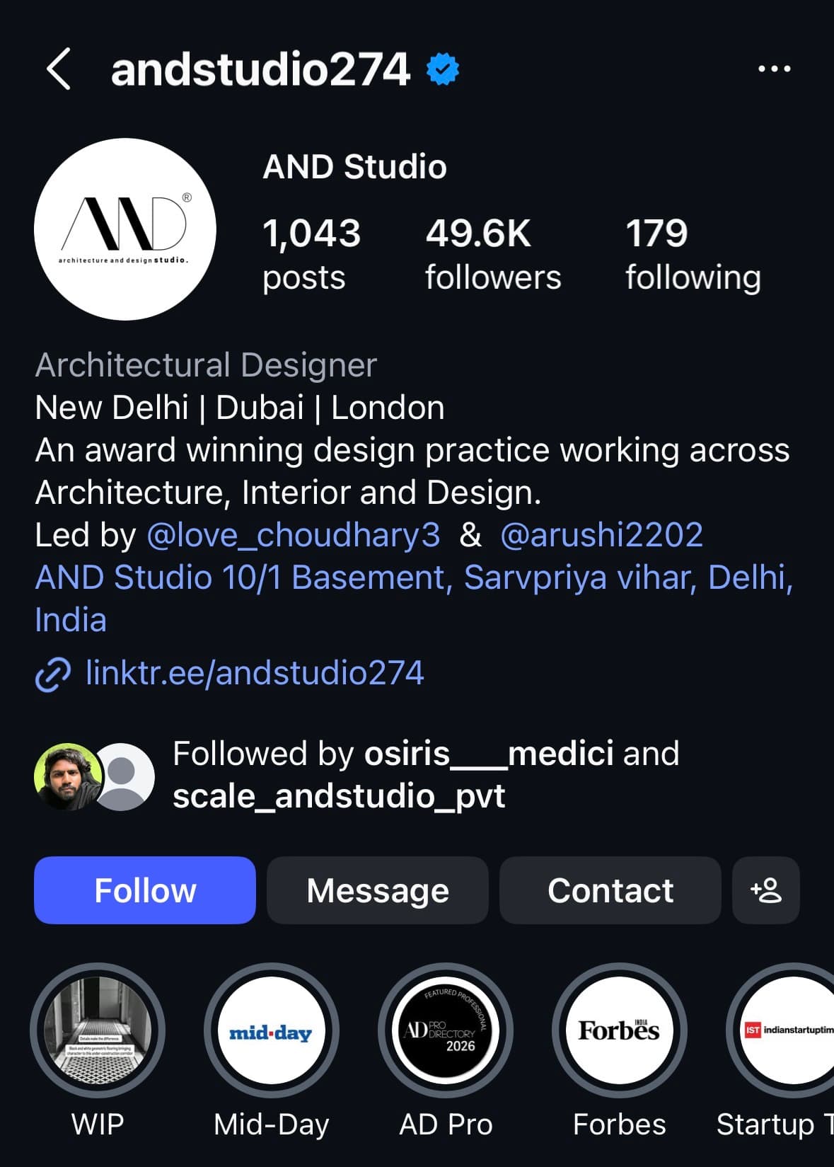 Instagram profile for AND Studio