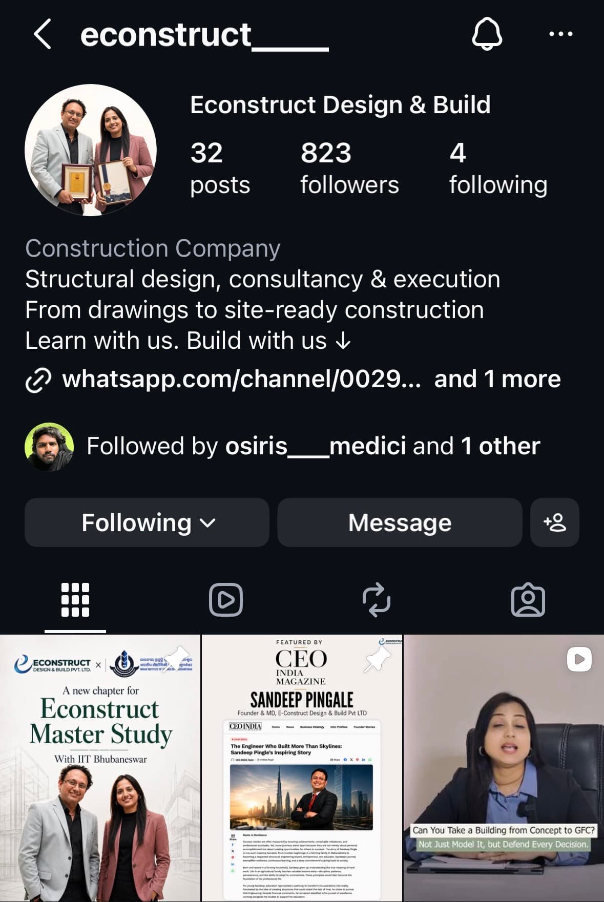 Instagram profile for Econstruct Design and Build