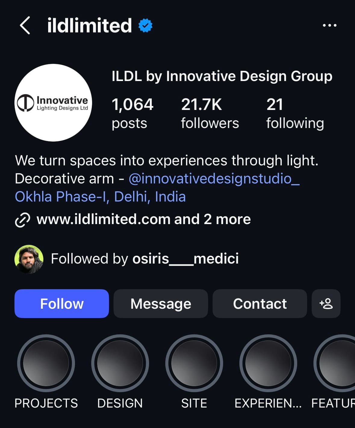 Instagram profile for Innovative Lighting Designs