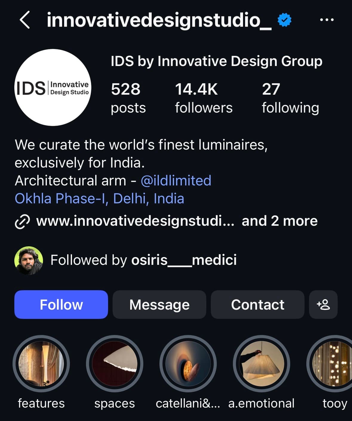 Instagram profile for Innovative Design Studio