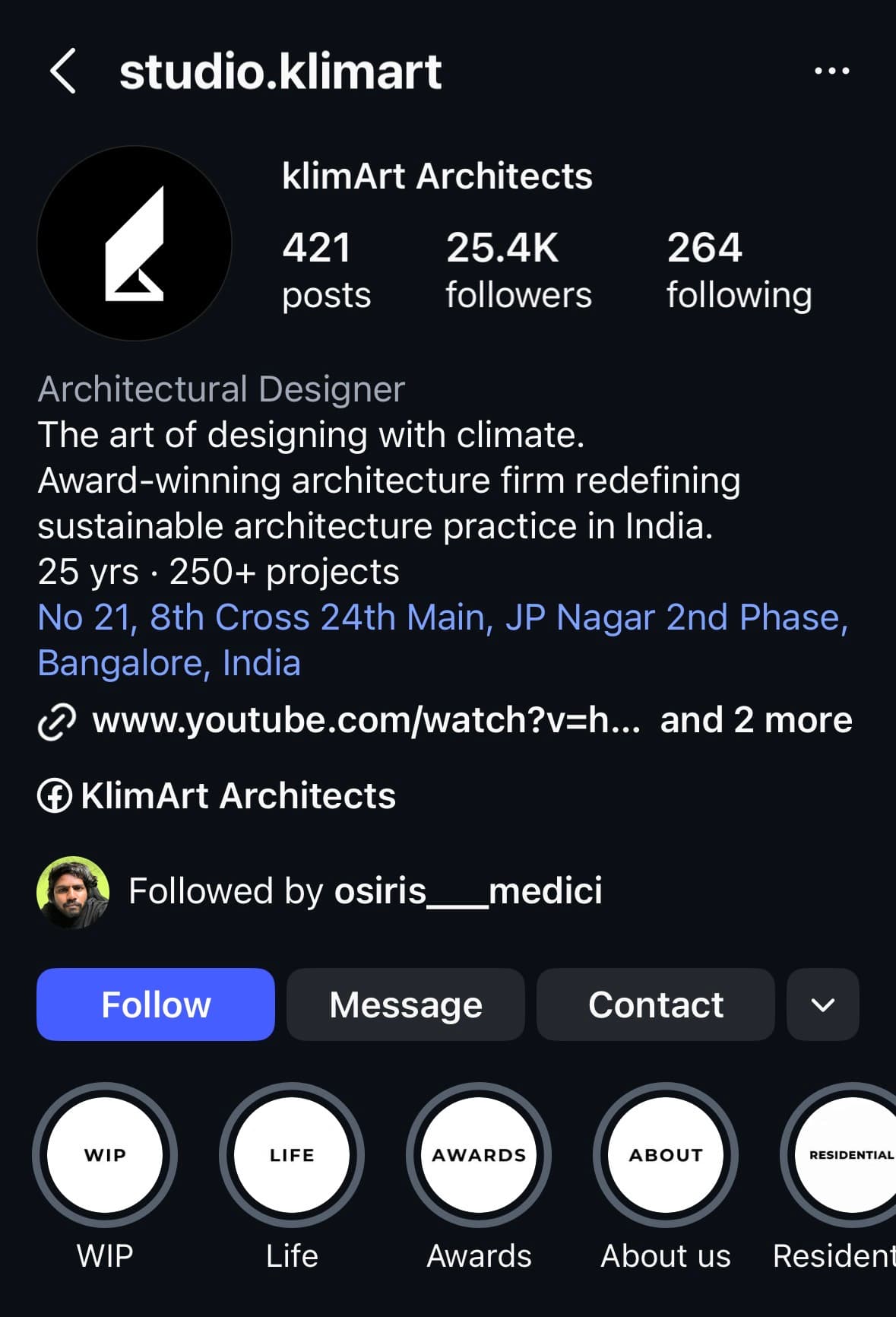 Instagram profile for KlimArt Architects