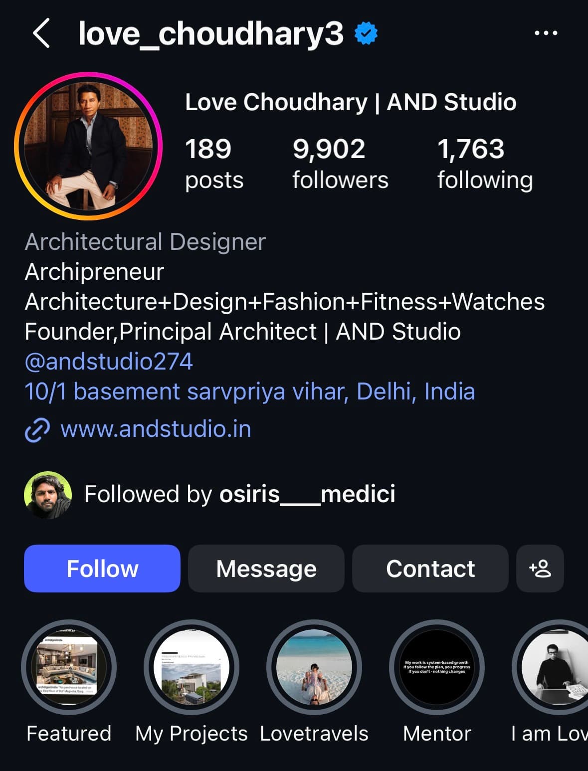 Instagram profile for Love Choudhary, founder and principal architect at AND Studio